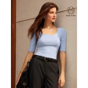 OGL Move Lt Blue Square Neck Built-in Bra Top Elbow Sleeve Size M 251219-3101W22